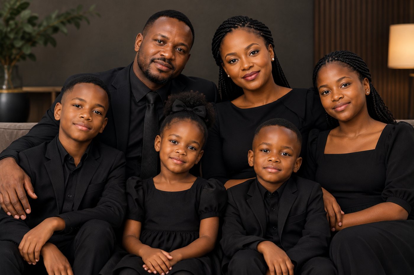A Kenyan family of six seated together, dressed in black, smiling warmly